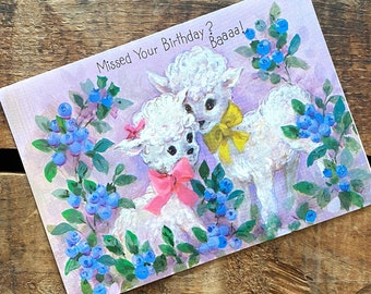 Vintage Unused Belated Birthday Card - Old Greeting Card, Paper Ephemera, Junk Journal, Lambs Sheep, Children's Card, Bday 1970s Kitsch