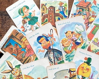 Vintage Old Maid Nursery Rhyme Cards - Set of 13 - Junk Journal, Paper Ephemera, Children's Card Game, Craft Supply, Old Paper Lot, Collage