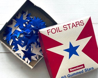 Vintage Gummed Stars - 1 Box, 60 Stars - Dennison Stars, Vintage Labels, Star Seals, Vintage Paper Ephemera, Foil Stars, Junk Journal