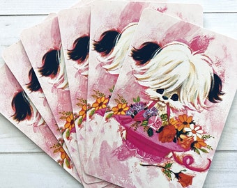 Juego de 6 cartas de juego con diseño vintage de perrito con flores en color rosa.