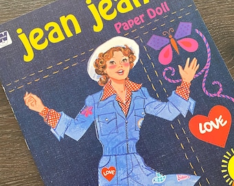 Libro de muñecas de papel vintage sin usar con diseño de jeans - Libro infantil Whitman de los años 70 sin cortar, efímero de papel, diario de recortes, material para manualidades, moda para niñas