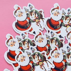 Santa Claus and Deer Magnet - 3&quot; Tall - Fridge Magnet, Vintage Inspired Christmas Magnet, Waterproof Vinyl Magnet, Refrigerator Weatherproof
