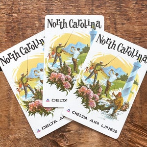 Vintage North Carolina Delta Air Lines Spielkarten - 3er Set - Card Ephemera, Junk Journal, Werbung, Spielkarten, Papier Ephemera, 70er Jahre