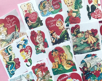 Mermaid Stickers - Set of 16 - Handmade Stickers, Valentine Stickers, Vintage Valentines, Journal, Planner Stickers, Cute Valentines