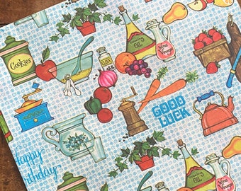 Vintage Birthday Gift Wrap - 1 Unused Sheet - Old Wrapping Paper Ephemera, Mod MCM, Kitchen Food, Craft Supply, Junk Journal, Bday Party