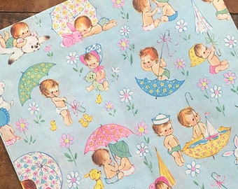 Vintage Baby Shower Gift Wrap - 1 ongebruikt vel - Oud inpakpapier Ephemera, schattige baby's verjaardag, junk journal, ambachtelijke levering, dierenspeelgoed