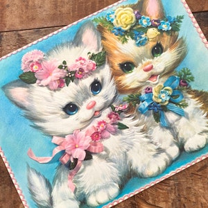 Vintage carte de rétablissement Coby inutilisée - chaton chat - éphémères en papier, journal indésirable, fournitures d'artisanat, ancienne carte de voeux surdimensionnée des années 1970, fleurs