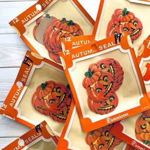 Sellos de calabaza Dennison raros (paquete de 12) - Pegatinas vintage de Halloween, sellos vintage de Dennison, Dennison Halloween, Jack O'Lantern