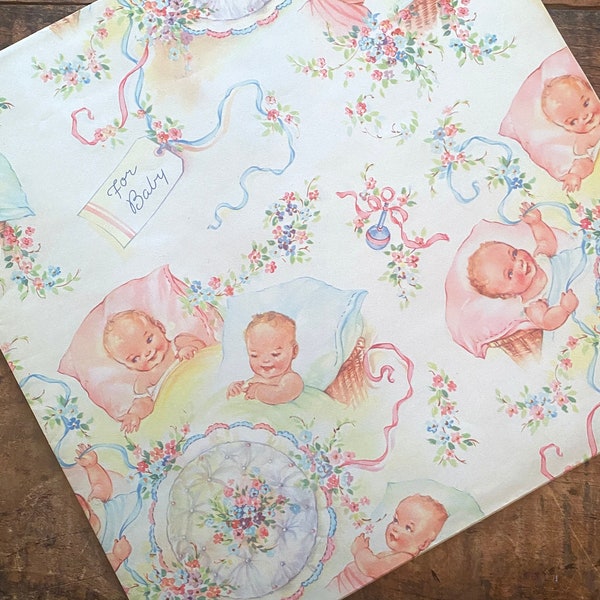 Vintage Baby Shower Gift Wrap - 1 Unused Sheet - Old Wrapping Paper Ephemera, Cute Babies Birthday, Junk Journal, Craft Supply, New Baby