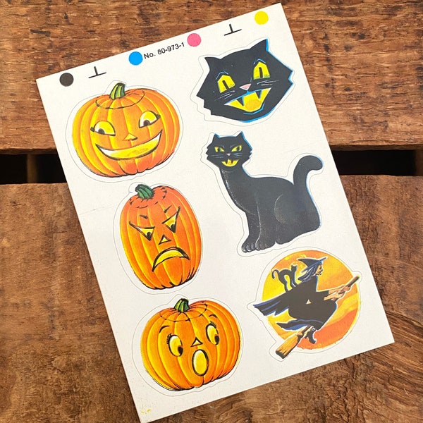 Vintage Halloween Sticker Sheet - Vintage Stickers, Vintage Dennison Seals, Dennison Halloween Seals, Halloween Ephemera, Pumpkin, Black Cat