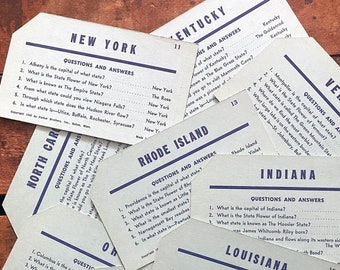 Vintage Name the State Trivia Cards - Random Set of 8 - Paper Ephemera, Junk Journal, 1940s Geography Cards, Scrapbooking, Craft Supplies