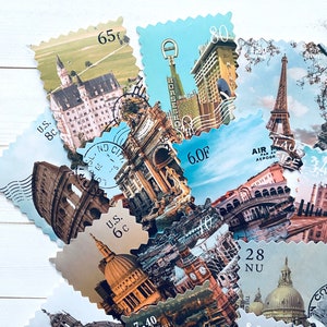 Stempel Aufkleber - 15er-Set - Junk Journal Etiketten, Papier Ephemera, Planer Aufkleber, Bastelbedarf, Scrapbooking, Reise Ephemera, Sehenswürdigkeiten