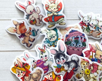 Bunny Stickers - Set of 40 - Easter Stickers, Junk Journal Paper Ephemera, Craft Supplies, Cute Children Stickers, Vintage Style, Rabbits