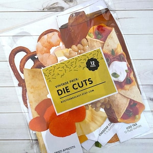 Troqueles vintage de comida y bebida surtida - Juego de 12 - Tarjetas didácticas de alimentación escolar, nutrición, material para manualidades, papel efímero, diario basura