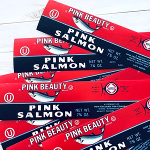 Vintage Food Labels - Set of 5 - NOS Labels, Junk Journal, Paper Ephemera, Vintage Advertising, Altered Art, Craft Supplies, Salmon Fish Lot