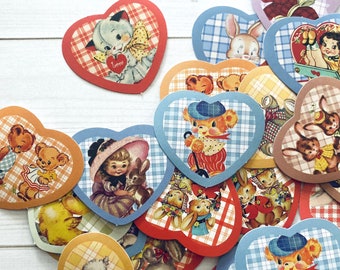 Heart Stickers - Set of 46 - Animal Stickers, Junk Journal Paper Ephemera, Craft Supplies, Cute Children Stickers, Vintage Style Stickers