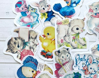 Animal Stickers - Set of 15 - Easter Stickers, Junk Journal Paper Ephemera, Craft Supplies, New Baby, Kittens Bunnies Birds, Baby Animals