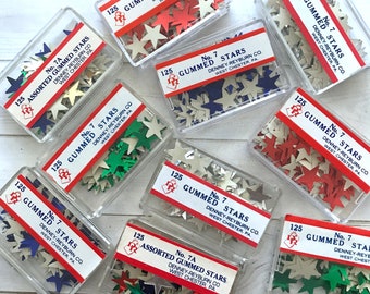 Vintage Gummed Stars - 1 Box, 125 Stars - Denney Reyburn Stars, Vintage Labels, Star Seals, Vintage Paper Ephemera, Foil Stars, Junk Journal