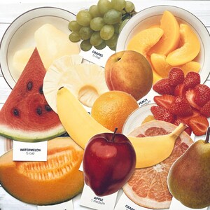 Troquelado de fruta vintage de los 90 (seleccionar opción) - Tarjeta didáctica escolar, imagen de cartón, troquelado de nutrición, comida vintage, efímera de papel