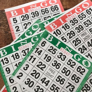 Bingo navideño: juego de 20 hojas de bingo rojas y verdes: papel efímero para diario basura, material efímero para diario, suministros para planificadores, suministros para manualidades