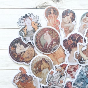Art Deco Stickers - Set of 19 - Alphonse Mucha, Face Stickers, Junk Journal Stickers, Paper Ephemera, Art Nouveau, Craft Supplies, Women