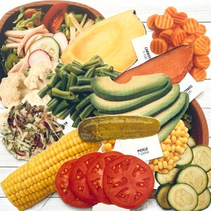 Troquelado de verduras vintage de los años 90 (seleccionar opción) - Tarjeta didáctica de alimentación escolar, imagen de cartón, troquelado de nutrición, efímera de papel con alimentos vegetales