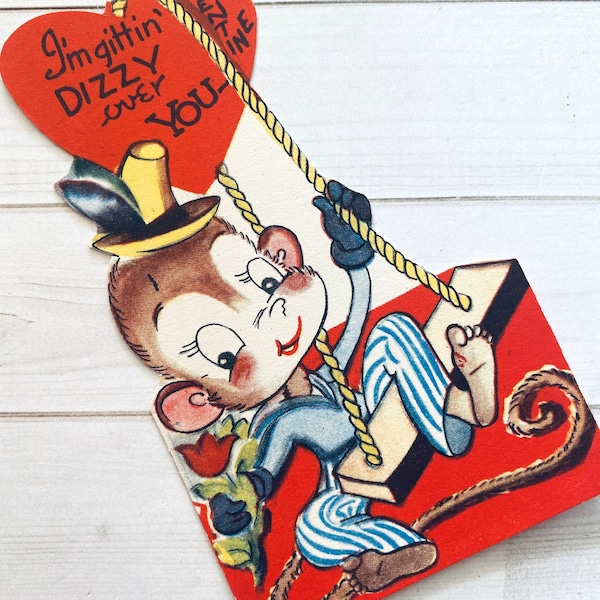Vintage Monkey Valentine - Unused Valentine, NOS Valentine, Monkey Ephemera, Vintage Animal Card, Valentine Ephemera, Cute Circus Valentine