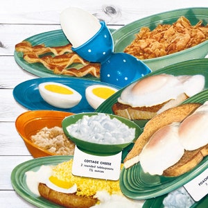 Desayuno vintage de los años 70 (seleccionar opción) - Tarjeta didáctica escolar, imagen de cartón, troquelado de nutrición, efímera de papel con alimentos antiguos