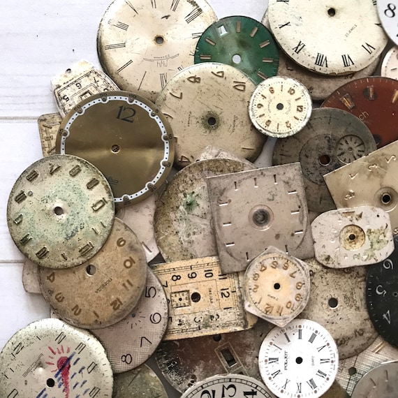 bostonbaglady Vintage Watch Face Dials - Set of 20 - Old Watch Parts, Junk Journal, Vintage Ephemera, Steampunk, Craft Supplies, Altered Art, Mixed Media