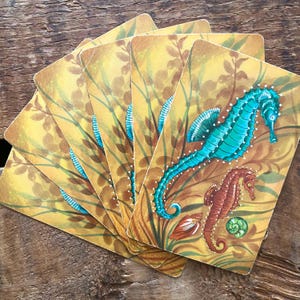 Juego de 6 naipes vintage de caballitos de mar y conchas. Papel de scrapbooking, tarjetas de diario basura, tarjetas de playa oceánica, tarjetas de intercambio antiguas, collage.