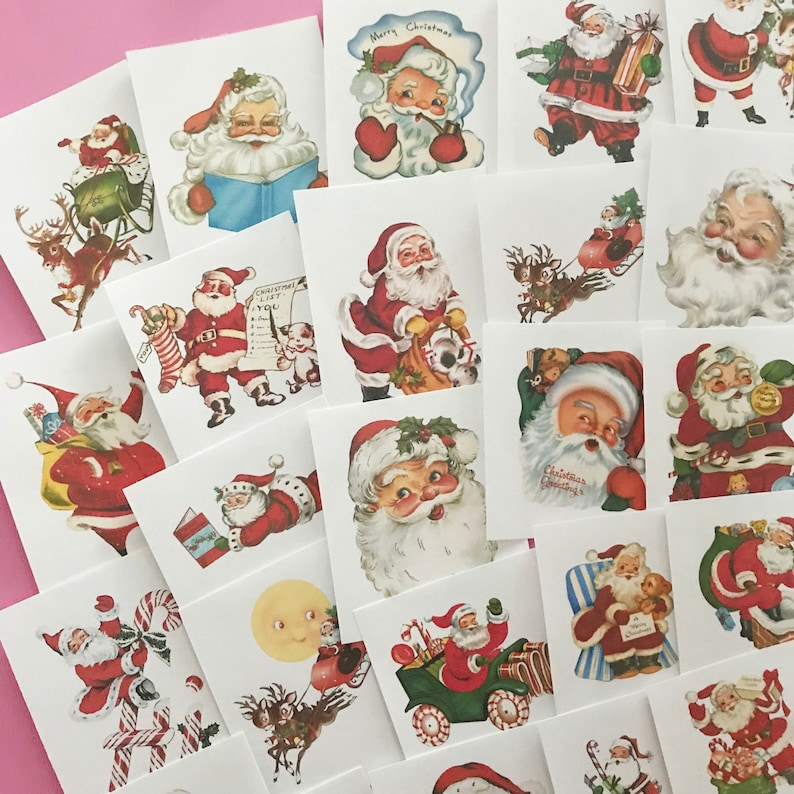 May include: A collection of vintage Christmas stickers featuring Santa Claus in various poses and settings. The stickers are printed on white paper with a red border. Some stickers include the text "Merry Christmas" and "Christmas Greetings".