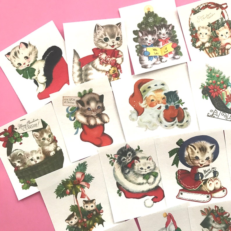 May include: A set of 10 vintage Christmas stickers featuring adorable kittens in various holiday scenes. The stickers feature kittens wearing Santa hats, riding in sleighs, and holding Christmas presents. The stickers are perfect for adding a touch of holiday cheer to your cards, gifts, and crafts.