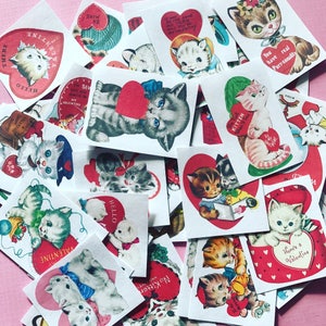 Kitten Valentine Stickers - Set of 45 - Handmade Stickers, Vintage Style, Vintage Valentines, Journal, Planner Stickers, Kitten Stickers