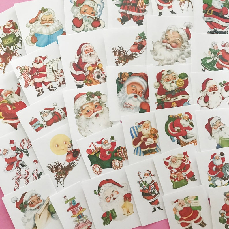 May include: A sheet of vintage Christmas stickers featuring various illustrations of Santa Claus in different poses and settings. The stickers are printed on white paper with a red border.