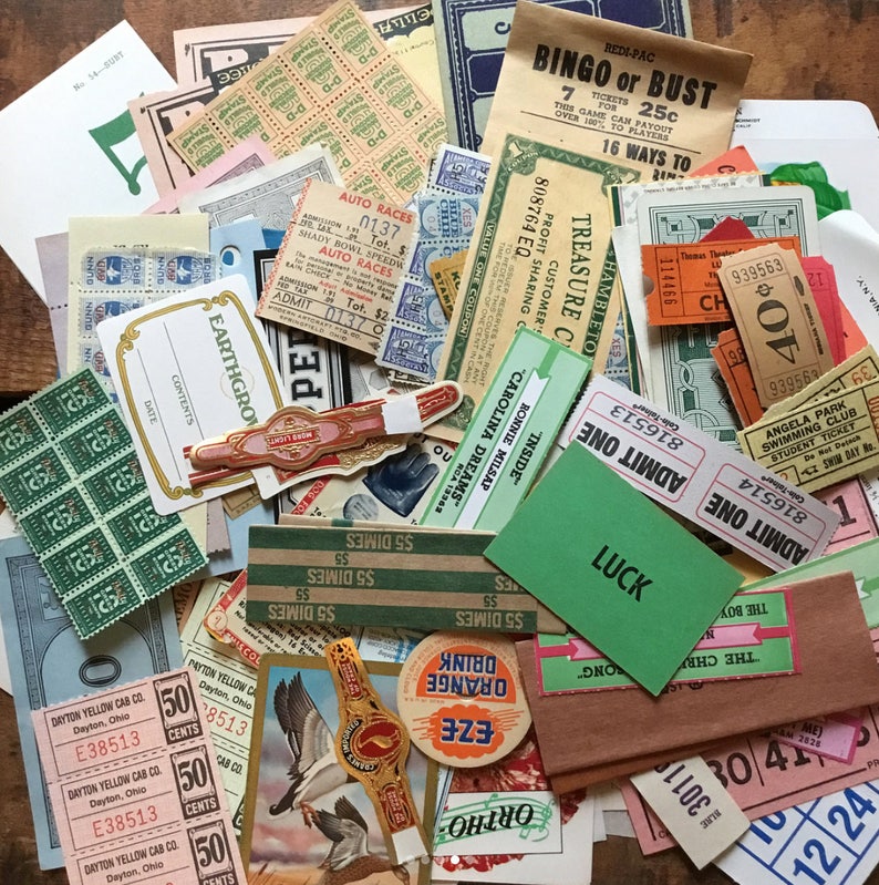 May include: A collection of vintage ephemera, including tickets, coupons, and stamps. The items are mostly green, red, and blue, with some featuring text like "Bingo or Bust", "Treasure Customer", and "Admit One".