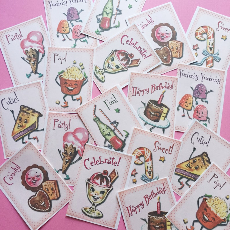 Candy Stickers Set of 18 Handmade Stickers, Vintage Style, Vintage Anthropomorphic, Cute Planner Stickers, Cute Stickers, Kitsch Candy image 1