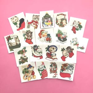 May include: A set of 16 vintage Christmas stickers featuring cats in various holiday scenes. The stickers are printed on white paper and feature a variety of colors, including red, green, and gold. The stickers are perfect for adding a touch of holiday cheer to your gifts, cards, or scrapbook.