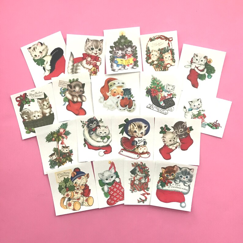 May include: A set of 16 vintage Christmas stickers featuring cats in various holiday scenes. The stickers are printed on white paper and feature a variety of colors, including red, green, and gold. The stickers are perfect for adding a touch of holiday cheer to your gifts, cards, or scrapbook.
