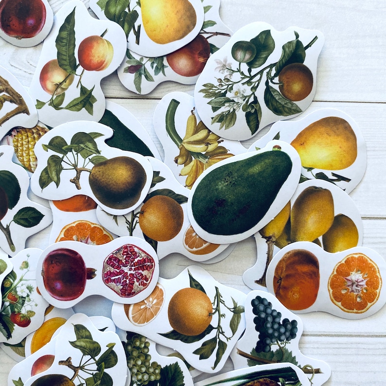 May include: Assortment of colorful fruit and vegetable stickers with various designs, including a green avocado, a yellow pear, a bunch of bananas, and a red apple. The stickers are perfect for adding a touch of nature to your planner, journal, or laptop.