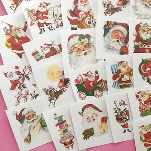 May include: A set of 16 vintage Christmas stickers featuring Santa Claus in various poses, including riding a sleigh, holding a candy cane, and carrying a sack of gifts. The stickers are printed on white paper with a red border.