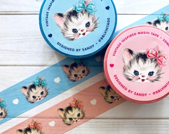 Kitten Washi Tape - 20mm x 10m - Vintage Inspired Cat Washi Tape, Masking Tape, Cute Decorative Tape, Stationery, Valentine, Junk Journal