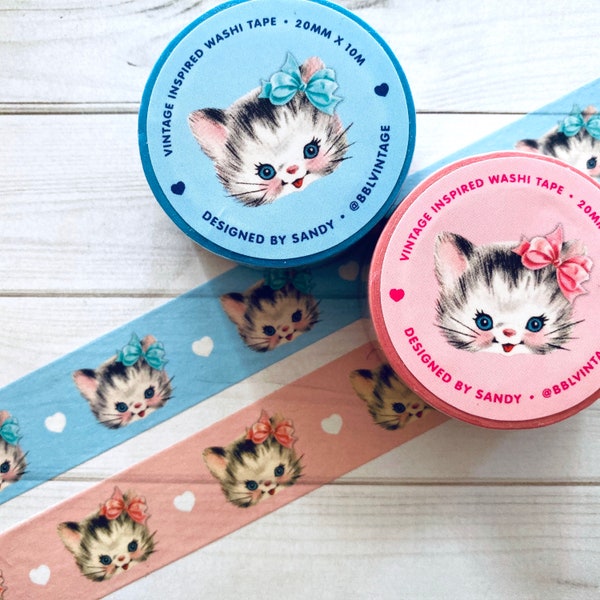 Kitten Washi Tape - 20mm x 10m - Vintage Inspired Cat Washi Tape, Masking Tape, Cute Decorative Tape, Stationery, Valentine, Junk Journal