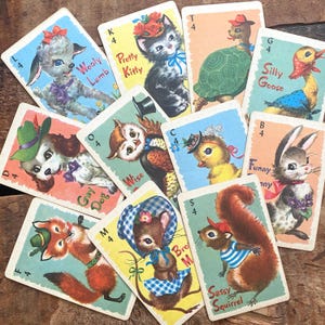 Lot de 11 cartes de rami bébé animal vintage - papier éphémère, journal indésirable, fournitures créatives, collage artistique modifié, enfants enfants, scrapbooking