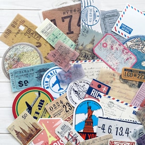 Pegatinas de viaje - Juego de 25 - Efímeras de viaje, Papel de diario basura, Suministros para planificadores, Suministros para manualidades, Lote de viaje, Cuaderno de viaje
