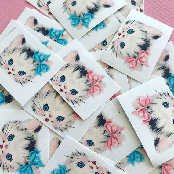 Pink and Blue Kitten Stickers - Set of 32 - Handmade Junk Journal Stickers