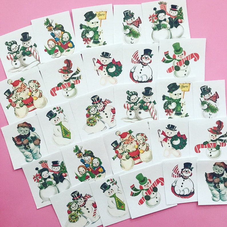Snowman Stickers Set of 26 Handmade Stickers, Vintage Christmas, Planner Stickers, Cute Christmas, Holiday Stickers, Vintage Snowman image 1