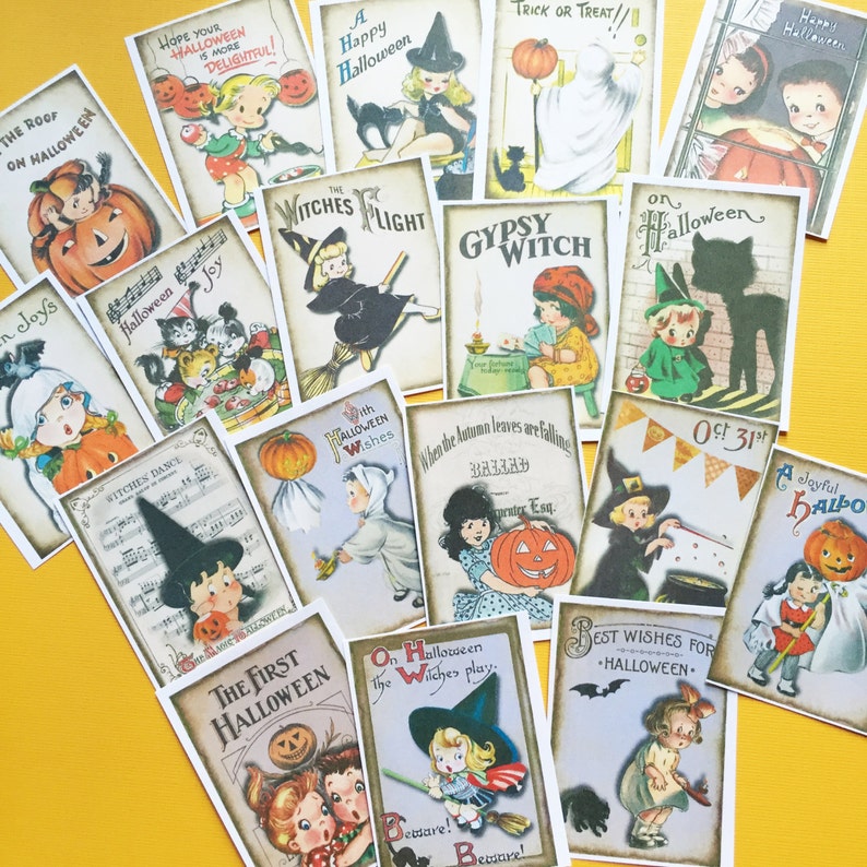 Stickers Halloween vintage Lot de 18 Stickers faits main, style vintage, Halloween vintage, sorcières mignonnes, autocollants pour agenda, Halloween mignon image 1