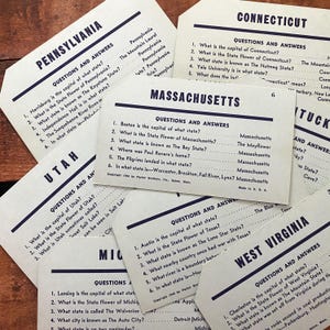 Vintage Name the State Trivia Cards - Random Set of 8 - Paper Ephemera, Junk Journal, 1940s Geography Cards, Scrapbooking, Craft Supplies
