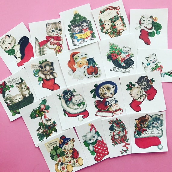 Christmas Kitten Stickers - Set of 18 - Handmade Junk Journal Stickers