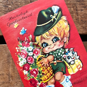 Postal holandesa vintage de felicitación sin usar: postal antigua, efímera de papel, diario basura, artículos de manualidades, Kruger vintage, niño de ojos grandes